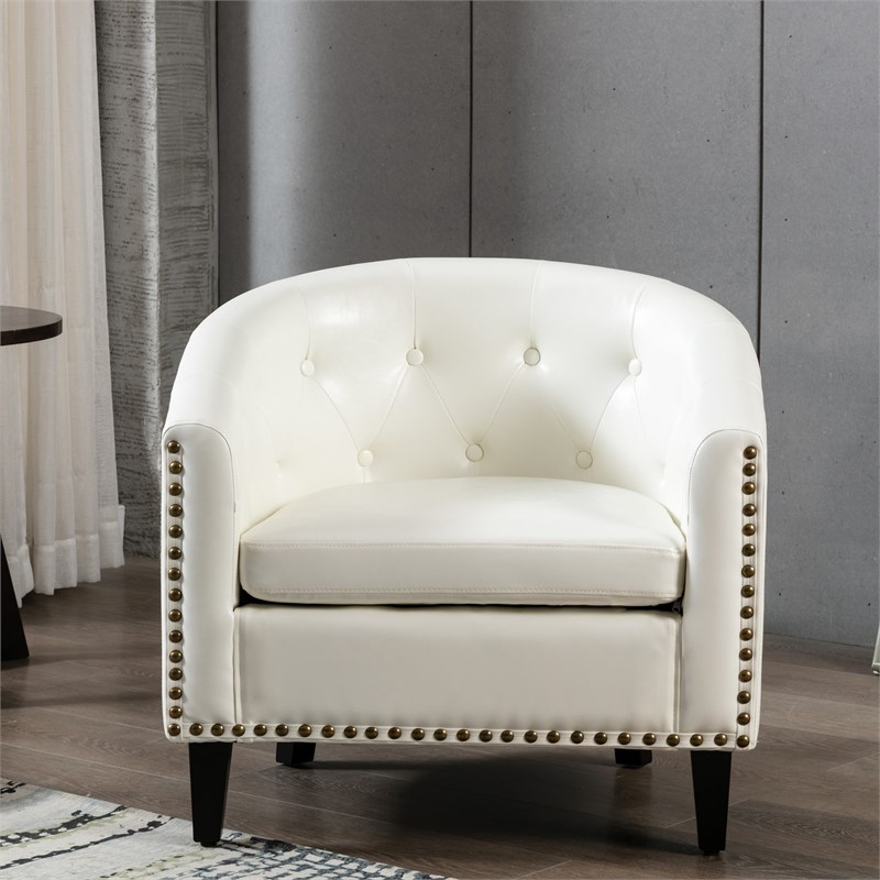 Afuera Living White PU Leather Ergonomic Tufted Barrel Accent Chair