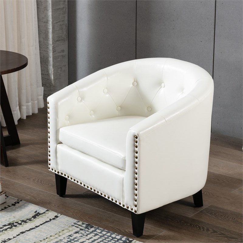 Afuera Living White PU Leather Ergonomic Tufted Barrel Accent Chair