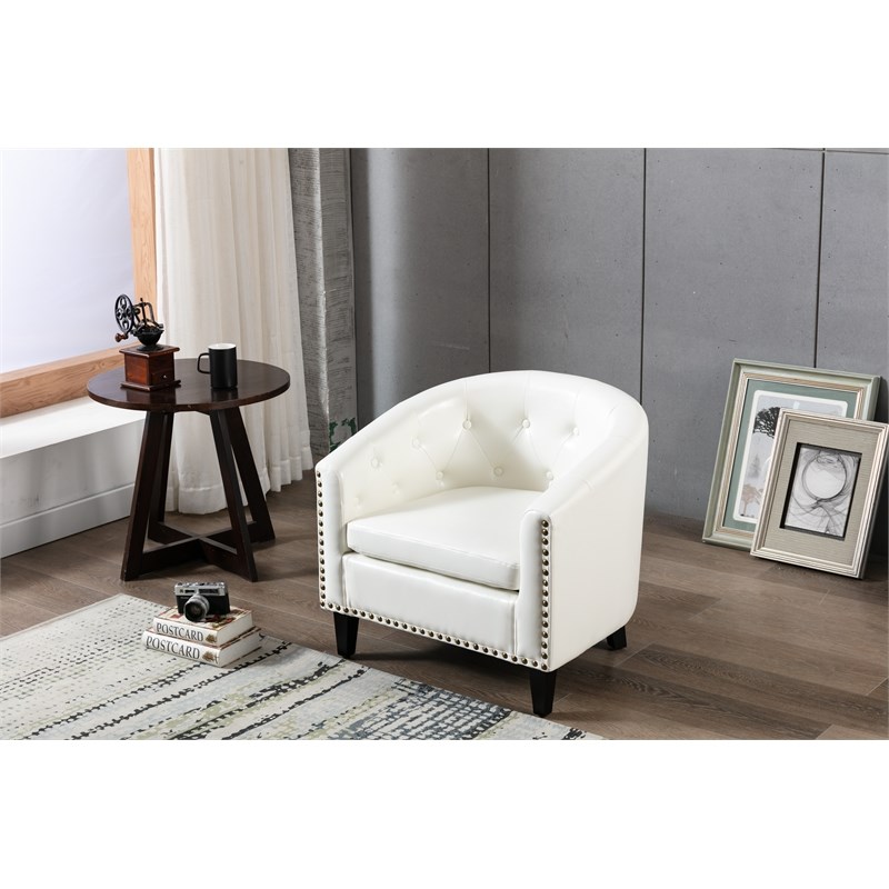 Afuera Living White PU Leather Ergonomic Tufted Barrel Accent Chair