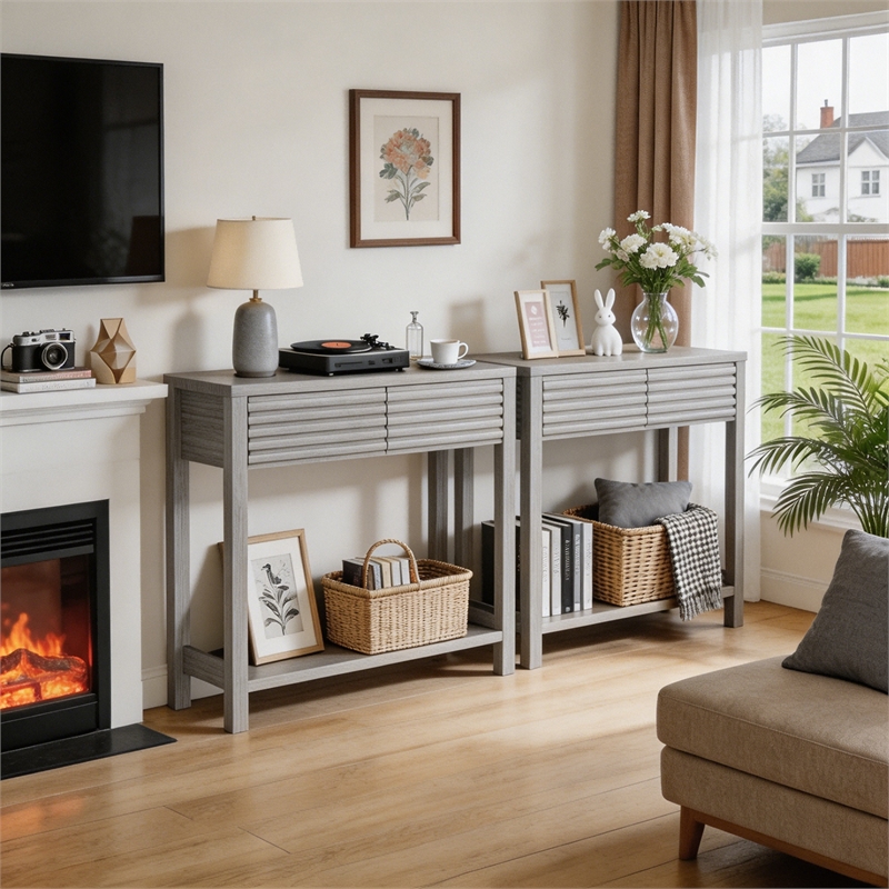 Afuera Living 40-Inch Grey Fluted Console Table with 2 Drawers 39.4x11.7