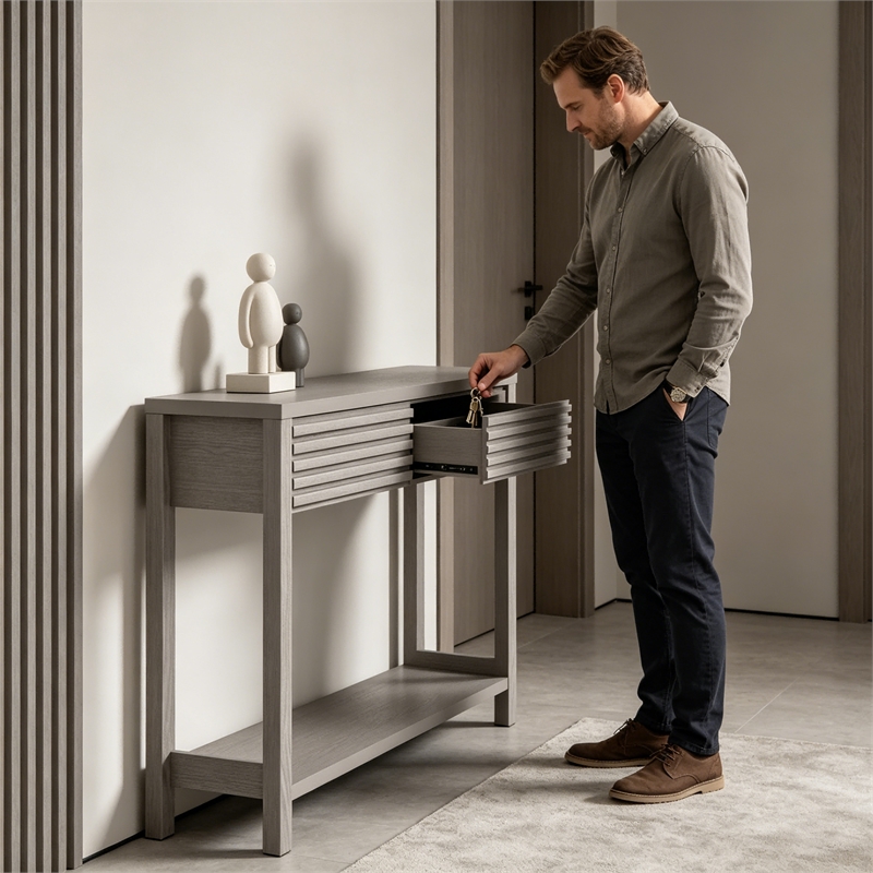 Afuera Living 40-Inch Grey Fluted Console Table with 2 Drawers 39.4x11.7
