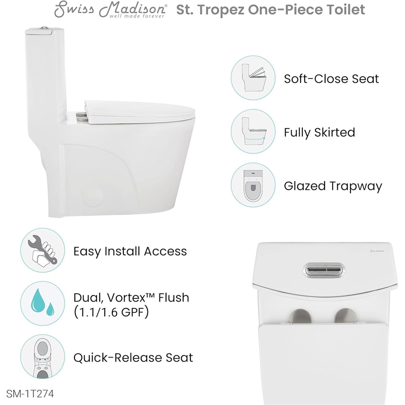 Afuera Living White 1-Piece Dual Flush Elongated Toilet 3/6L Slow-Close Seat