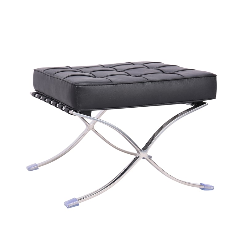 Afuera Living Black Tufted Leather Ottoman with Stainless Steel X-Base Frame