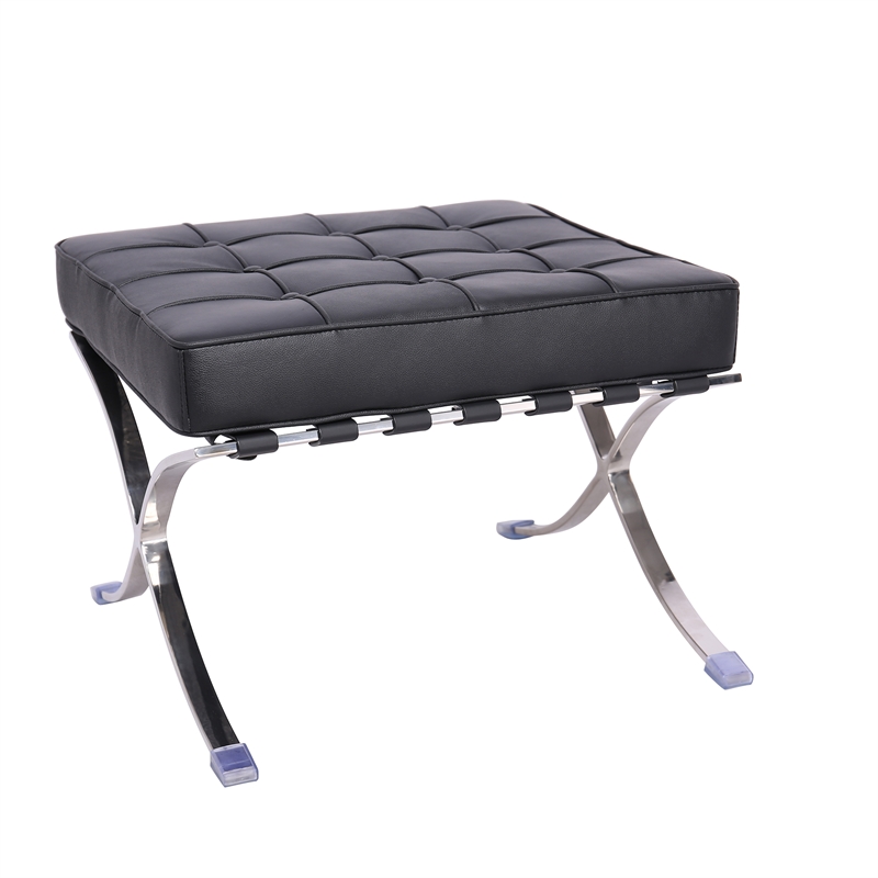 Afuera Living Black Tufted Leather Ottoman with Stainless Steel X-Base Frame