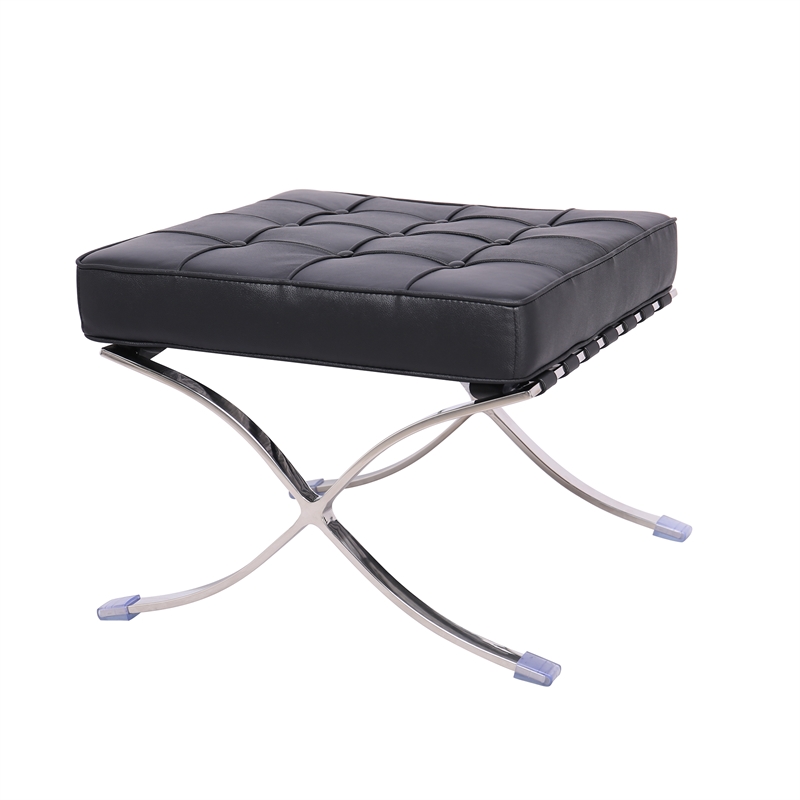 Afuera Living Black Tufted Leather Ottoman with Stainless Steel X-Base Frame