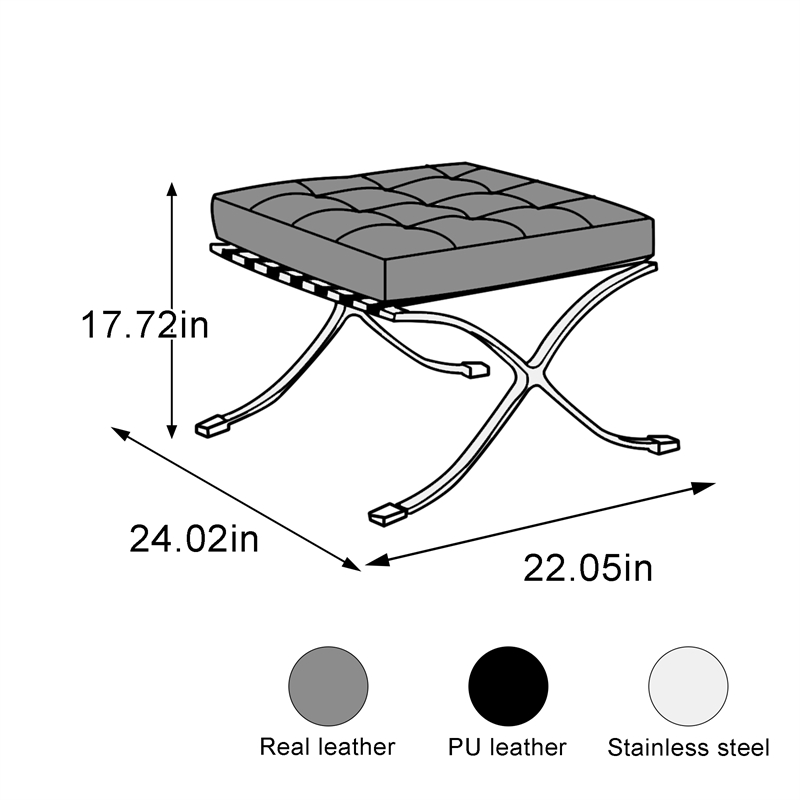 Afuera Living Black Tufted Leather Ottoman with Stainless Steel X-Base Frame