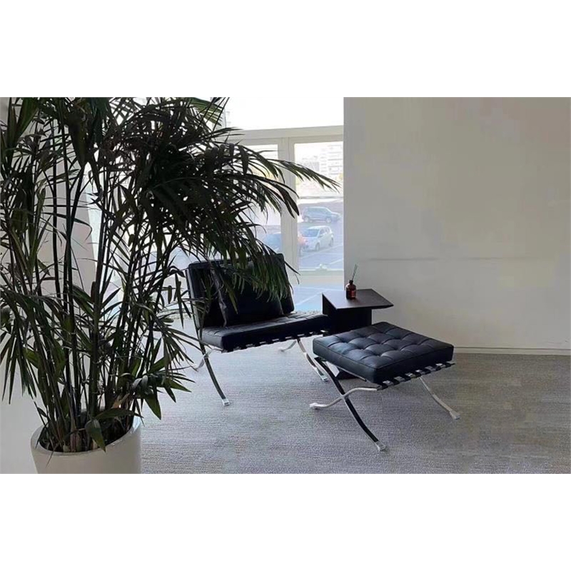 Afuera Living Black Tufted Leather Ottoman with Stainless Steel X-Base Frame