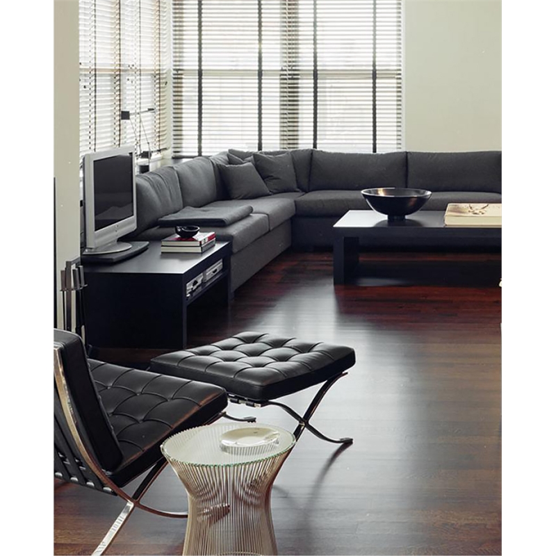 Afuera Living Black Tufted Leather Ottoman with Stainless Steel X-Base Frame