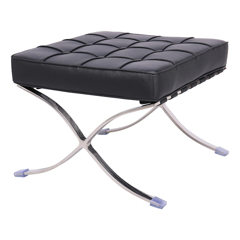 Afuera Living Black Tufted Leather Ottoman with Stainless Steel X-Base Frame