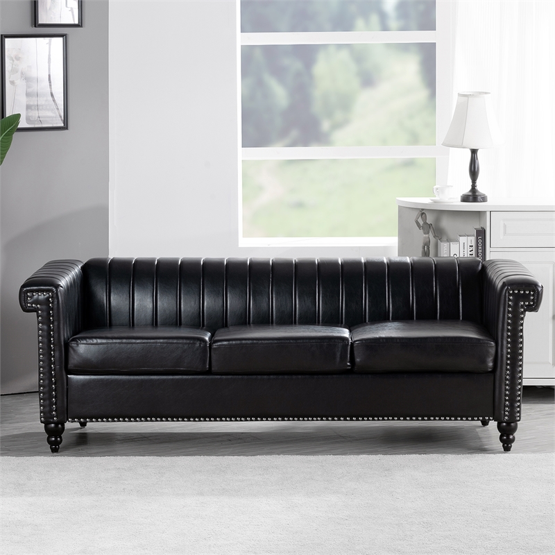 Afuera Living 83.5-Inch Black PU Leather 3-Seater Chesterfield Sofa Wood Frame