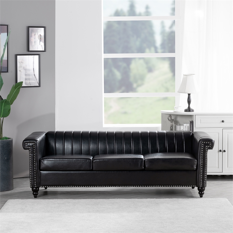 Afuera Living 83.5-Inch Black PU Leather 3-Seater Chesterfield Sofa Wood Frame