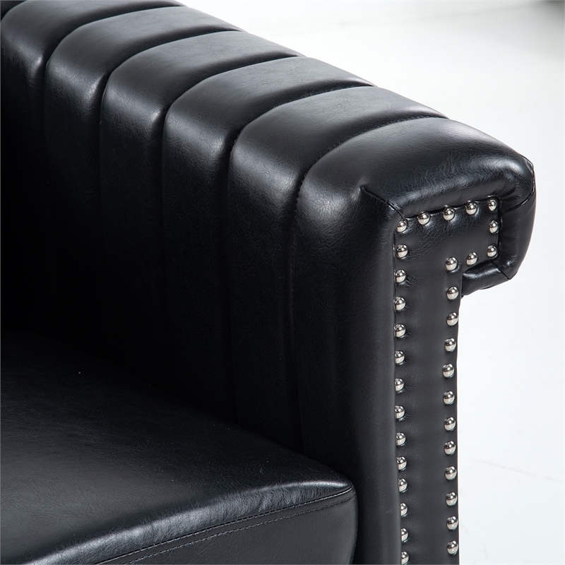 Afuera Living 83.5-Inch Black PU Leather 3-Seater Chesterfield Sofa Wood Frame