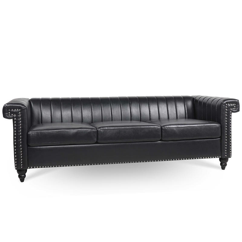 Afuera Living 83.5-Inch Black PU Leather 3-Seater Chesterfield Sofa Wood Frame