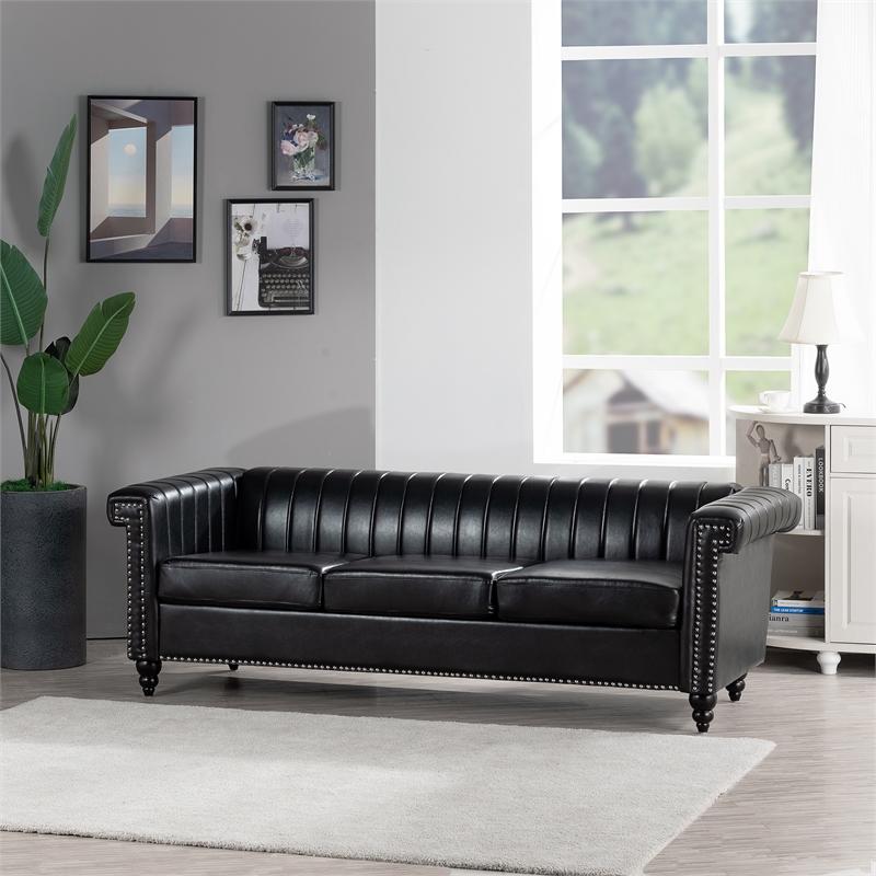 Afuera Living 83.5-Inch Black PU Leather 3-Seater Chesterfield Sofa Wood Frame