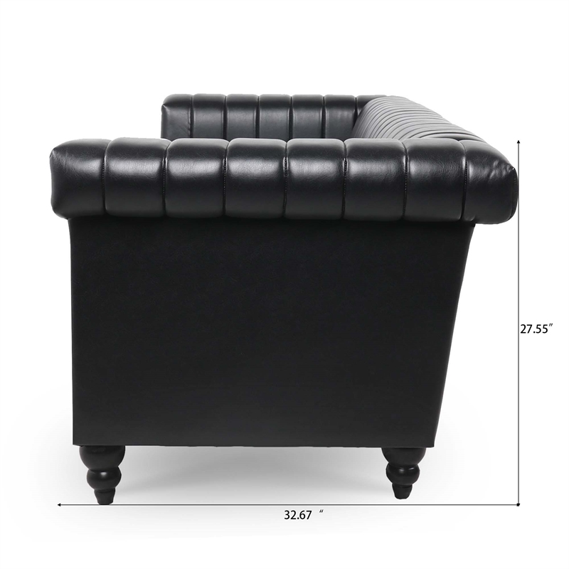Afuera Living 83.5-Inch Black PU Leather 3-Seater Chesterfield Sofa Wood Frame