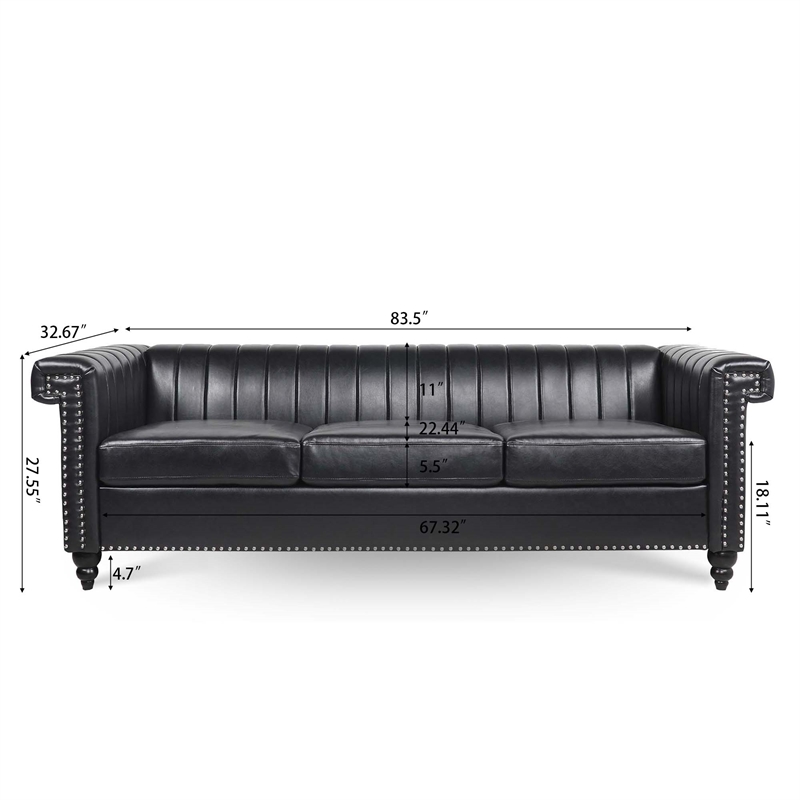 Afuera Living 83.5-Inch Black PU Leather 3-Seater Chesterfield Sofa Wood Frame