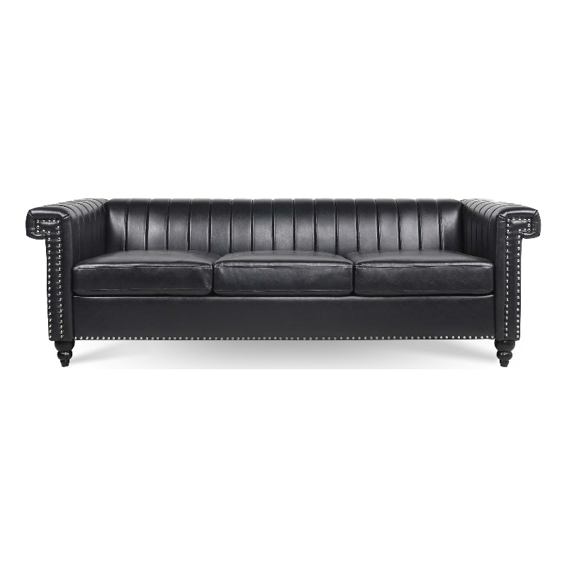 Afuera Living 83.5-Inch Black PU Leather 3-Seater Chesterfield Sofa Wood Frame