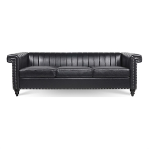 Afuera Living 83.5-Inch Black PU Leather 3-Seater Chesterfield Sofa Wood Frame
