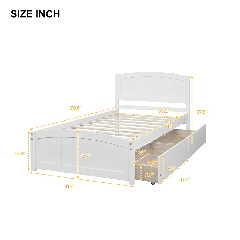 Afuera Living White Pine Wood Twin Platform Bed with 2 Storage Drawers
