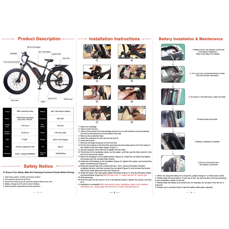 Afuera Living 750W Fat Tire Electric Bike 48V 13Ah Battery 26x4.0 Inch Tyres