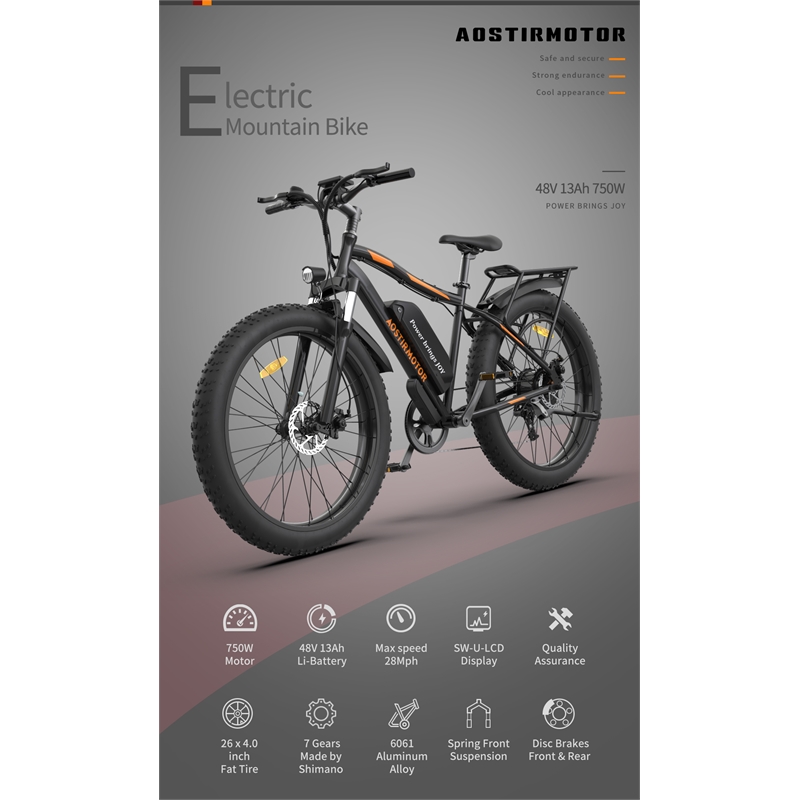 Afuera Living 750W Fat Tire Electric Bike 48V 13Ah Battery 26x4.0 Inch Tyres