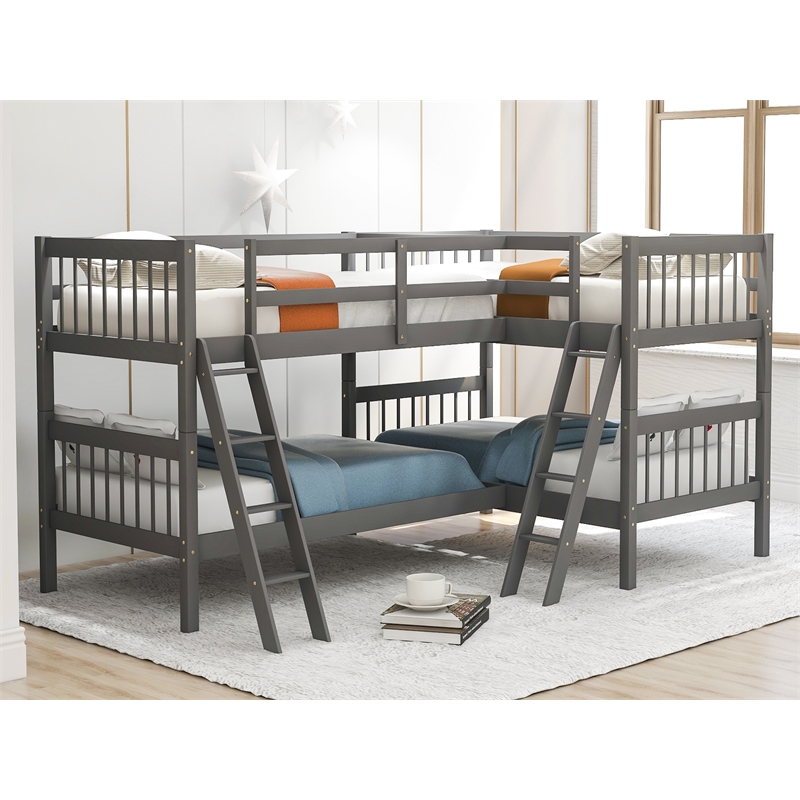 Afuera Living Separable Grey Pine Wood L-Shaped Twin Bunk Bed with Ladder