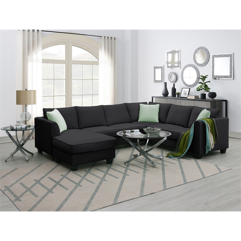 Afuera Living Black 7-Seat L-Shaped Sectional Sofa with Ottoman & 3 Pillows