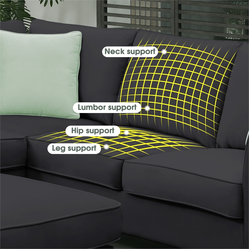 Afuera Living Black 7-Seat L-Shaped Sectional Sofa with Ottoman & 3 Pillows