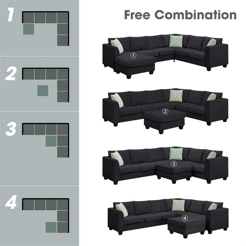 Afuera Living Black 7-Seat L-Shaped Sectional Sofa with Ottoman & 3 Pillows