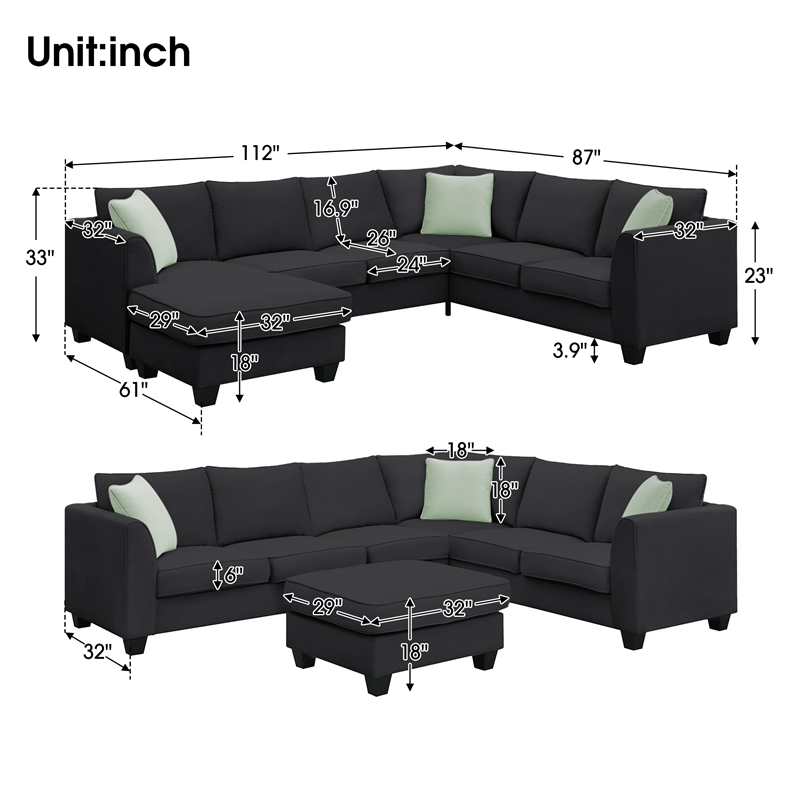Afuera Living Black 7-Seat L-Shaped Sectional Sofa with Ottoman & 3 Pillows