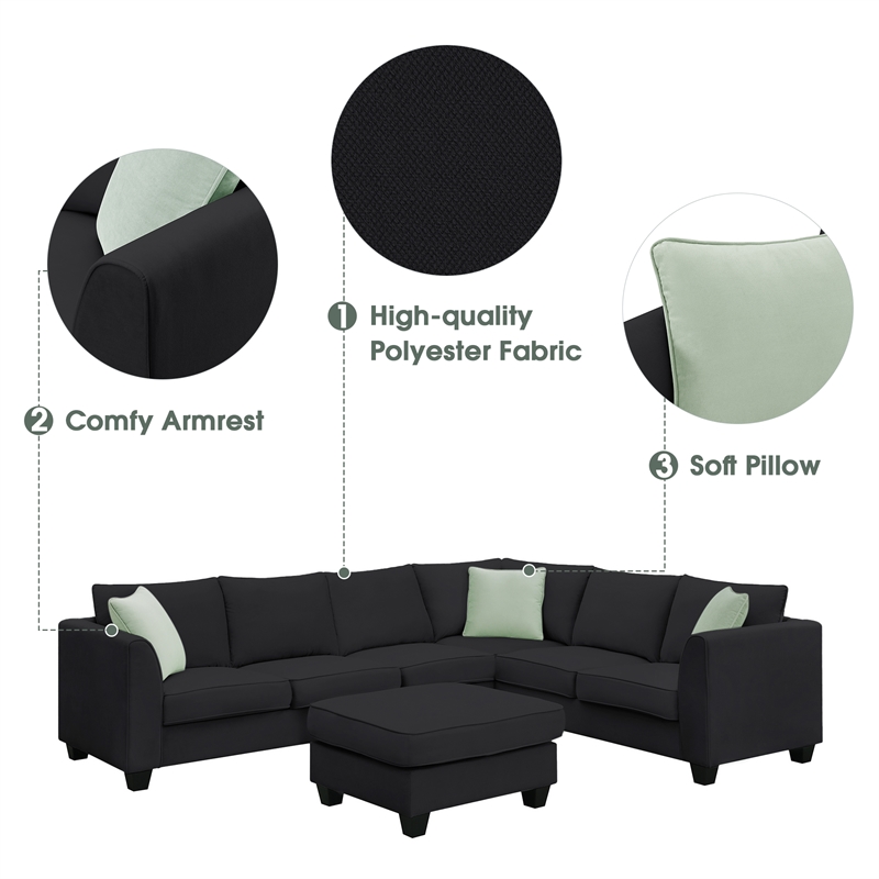 Afuera Living Black 7-Seat L-Shaped Sectional Sofa with Ottoman & 3 Pillows
