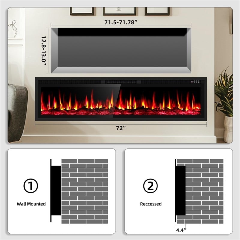 Afuera Living 72-Inch Black Recessed/Wall Mount 3D LED 1500W Electric Fireplace
