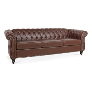 Afuera Living 84&quot Dark Brown PU Leather Rolled Arm Chesterfield 3-Seater Sofa
