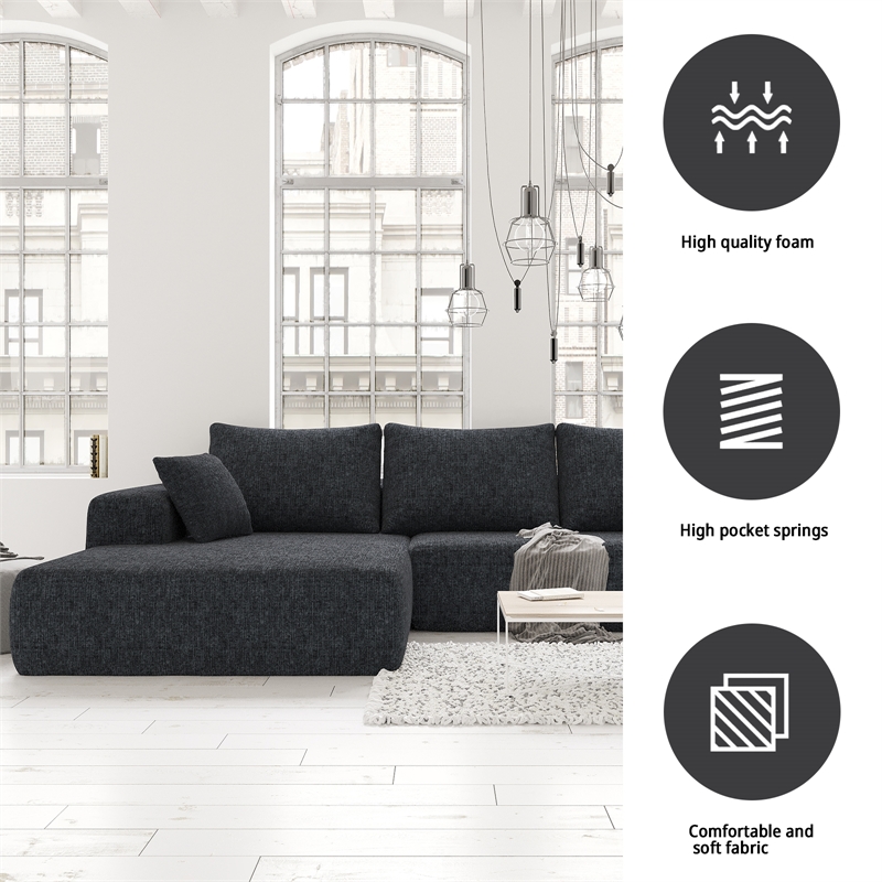 Afuera Living Black L-Shaped Chenille Foam-Filled Modular Sofa No Assembly