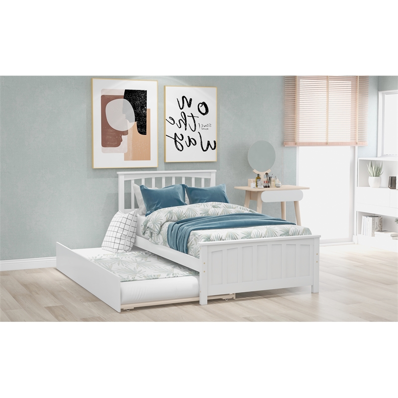 Afuera Living White Pine Wood Twin Platform Bed with Trundle & 10 Slats
