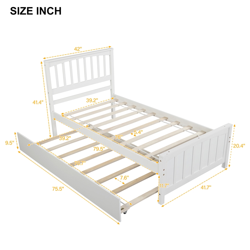 Afuera Living White Pine Wood Twin Platform Bed with Trundle & 10 Slats