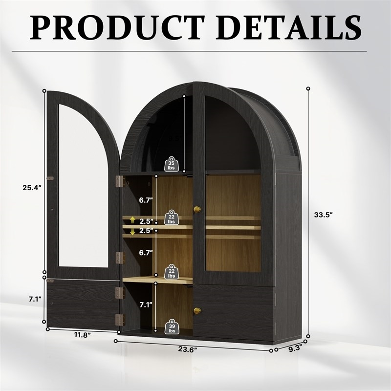 Afuera Living 23.6x33.5x9.3 Black Adjustable Arch Wall Cabinet with Glass Doors