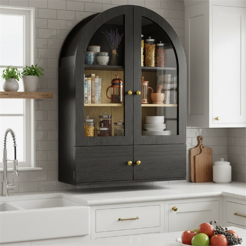 Afuera Living 23.6x33.5x9.3 Black Adjustable Arch Wall Cabinet with Glass Doors