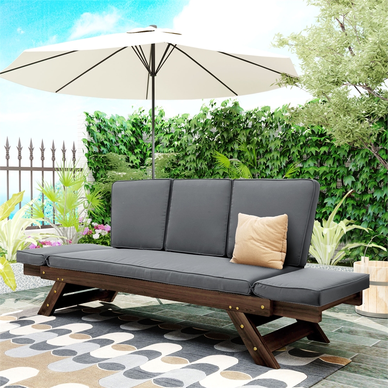 Afuera Living Acacia Wood Adjustable Outdoor Sofa Chaise Lounge in Grey
