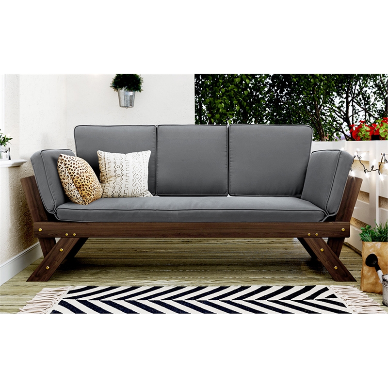 Afuera Living Acacia Wood Adjustable Outdoor Sofa Chaise Lounge in Grey