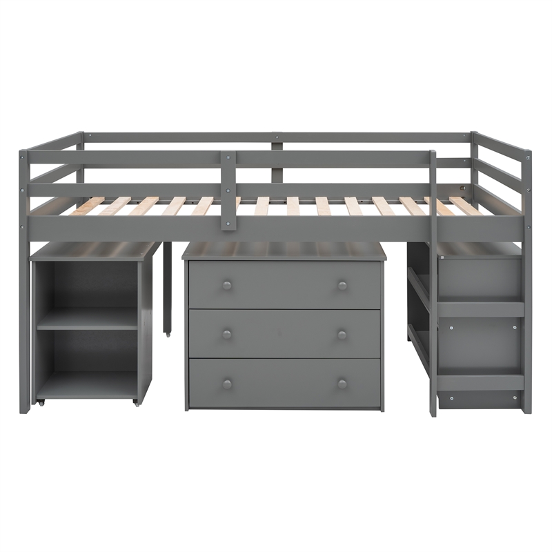 Afuera Living Grey Twin Loft Bed with Cabinet & Rolling Desk & Bookshelf