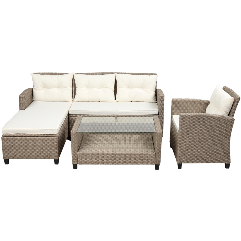 Afuera Living 4-Piece Beige Wicker Patio Sectional Sofa Set with Cushions
