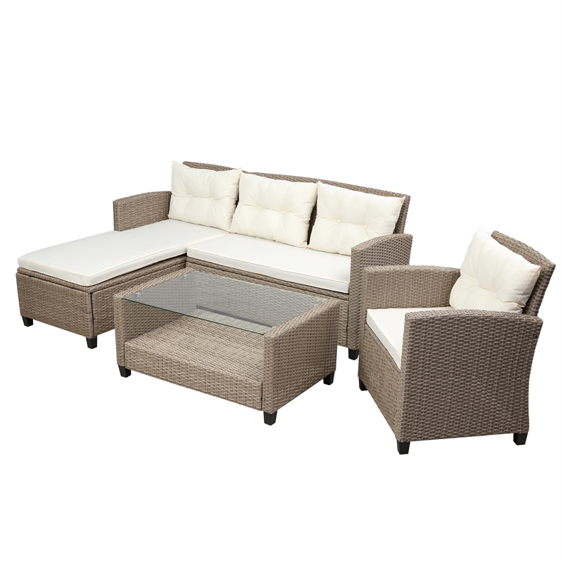 Afuera Living 4-Piece Beige Wicker Patio Sectional Sofa Set with Cushions