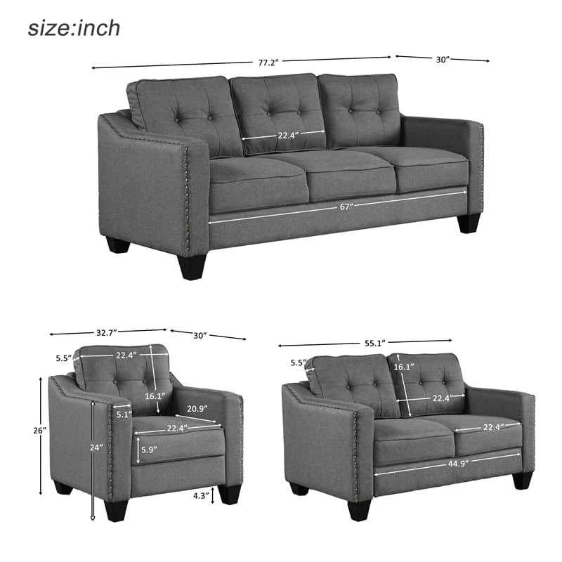Afuera Living 3-Piece Linen Sectional Sofa Set with Tufted Cushions