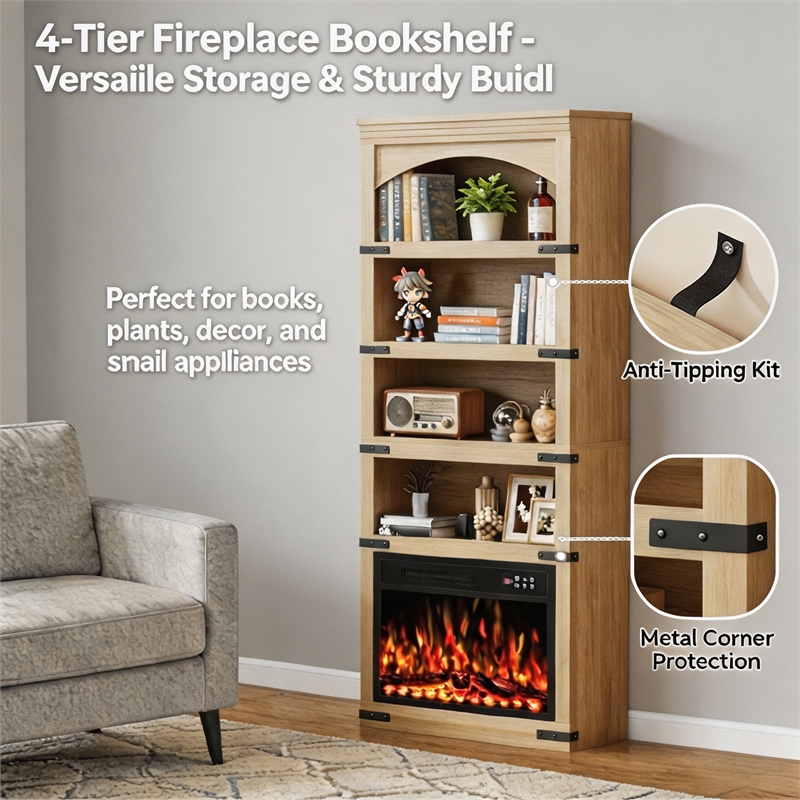 Afuera Living 70-Inch Medium Wood Arched Bookcase with LED Lights and 5 Shelves