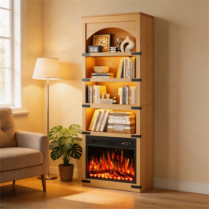 Afuera Living 70-Inch Medium Wood Arched Bookcase with LED Lights and 5 Shelves
