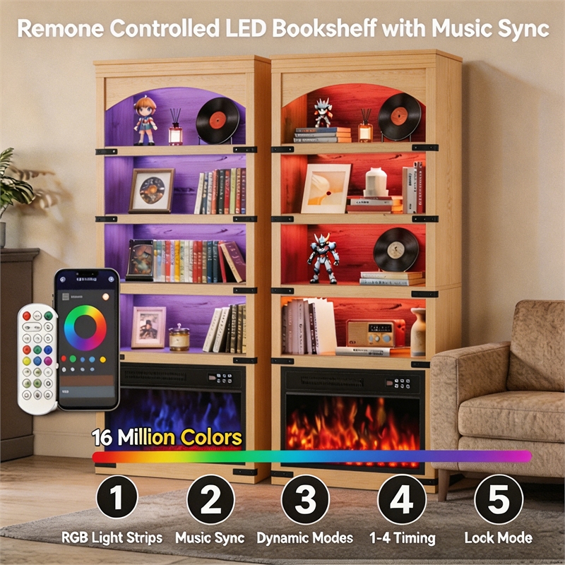 Afuera Living 70-Inch Medium Wood Arched Bookcase with LED Lights and 5 Shelves