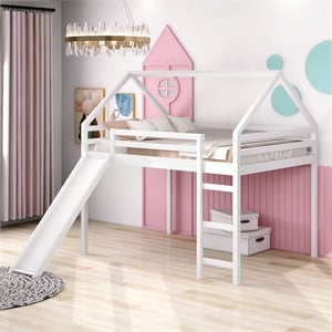 Afuera Living Full-Size Loft Bed with Slide and Playhouse Design in White