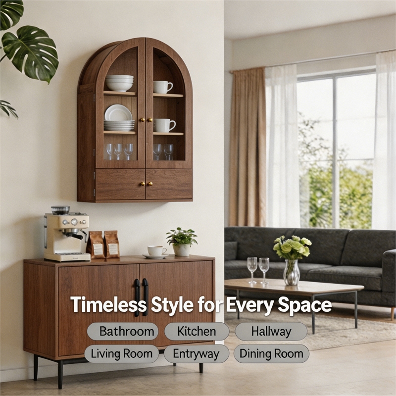 Afuera Living 24-Inch Brown Arched Wall Cabinet with Glass and Wood Doors
