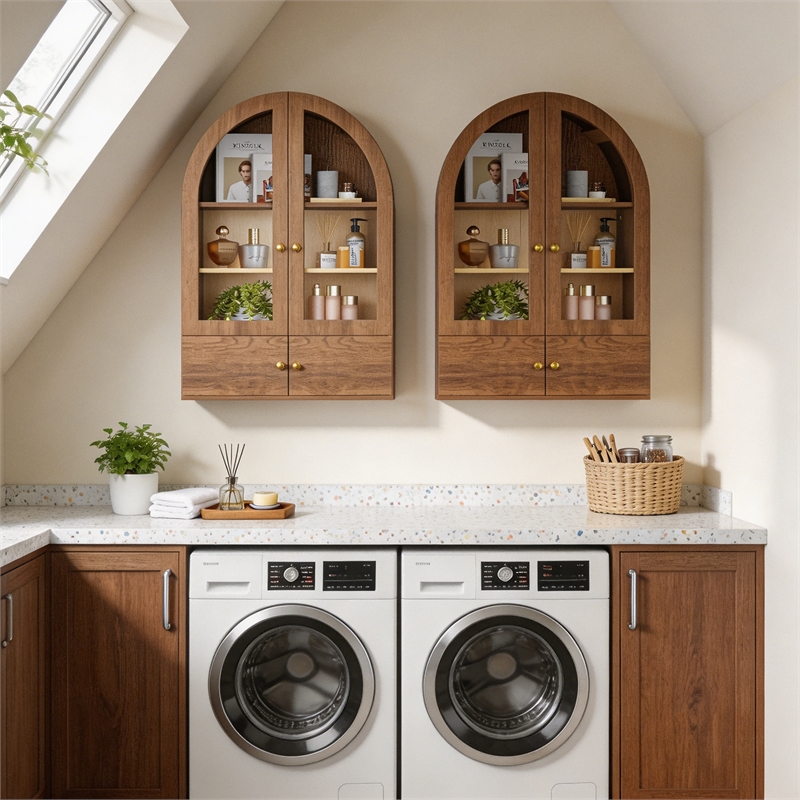 Afuera Living 24-Inch Brown Arched Wall Cabinet with Glass and Wood Doors